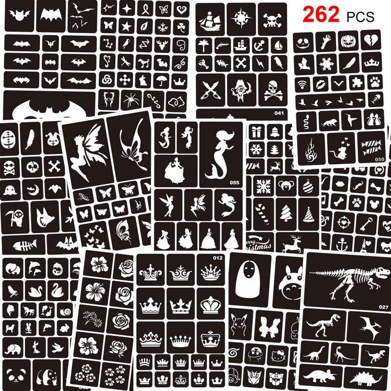 Konsait 262pcs Temporary Tattoos Stencils for Kids, Face and Body Paint Stencils Kit, Girl Boy Glitter Tattoos for Kids School Show Birthdays Halloween Christmas Party Favor Supplies - Image 1